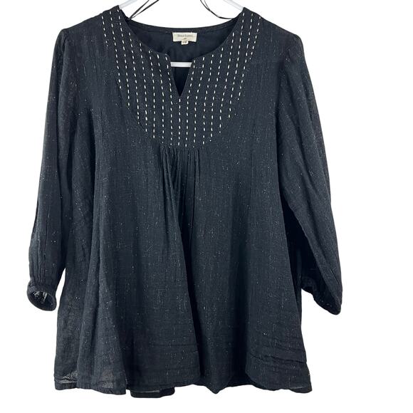World Market Black Sparkle Gauze Stitched V-Neck Boho Blouse Tunic S/M - Picture 1 of 6